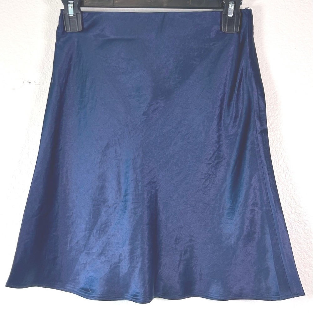 Babaton Navy Blue Satin Slip Skirt Size 2 Acetate Mini Midi 74613